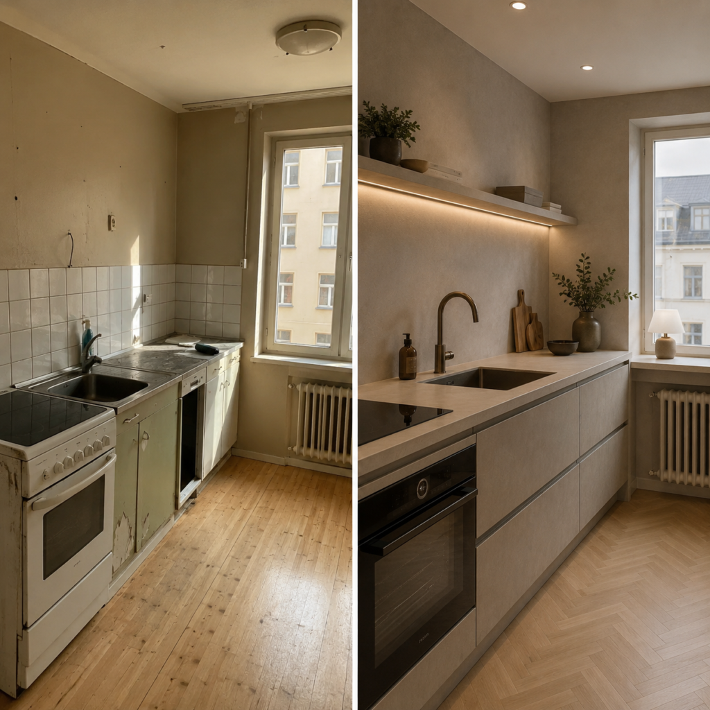 Lägenhet med microcement före och efter i Stockholm