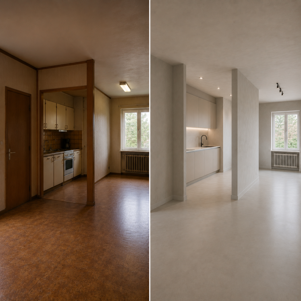 Microcement av väggar och golv i en villa